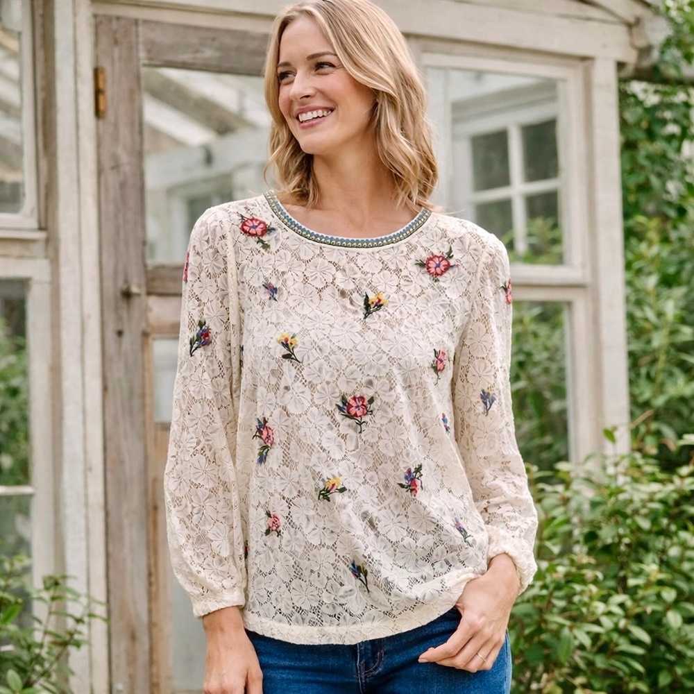 LOFT Floral Embroidered Lace Long‎ Sleeve Blouse Ivory Size XXS
